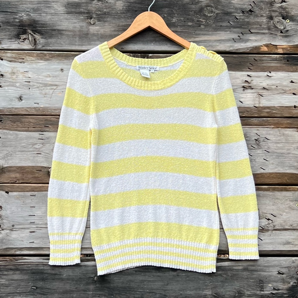 M Wintersilks Pastel Yellow and White Striped Silk Cotton Blend Sweater